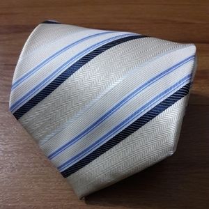 77 Fudun Mens Silk Necktie Cream Blue Striped Tie